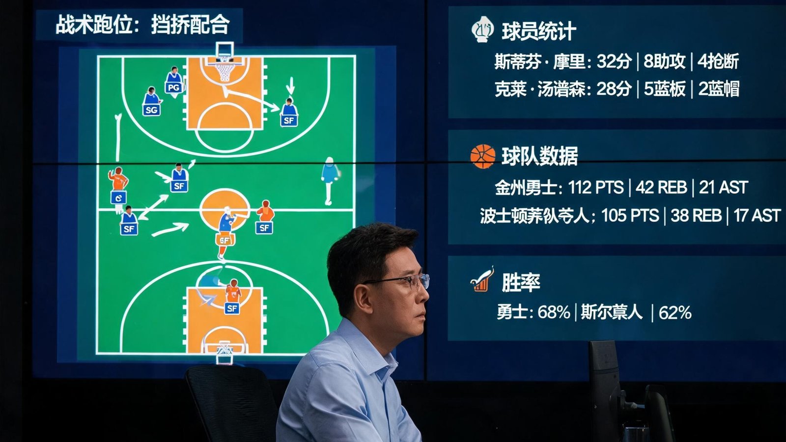 首席分析师陈浩坐在数据大屏前，屏幕显示NBA战术图与各类统计数字