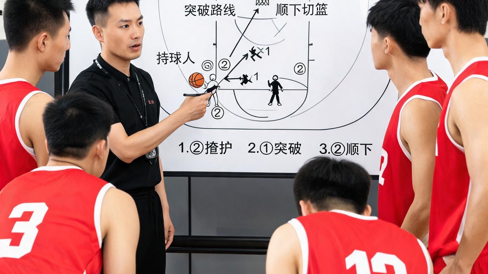 战术专家王磊在白板上讲解挡拆战术，周围有球员跑位示意图