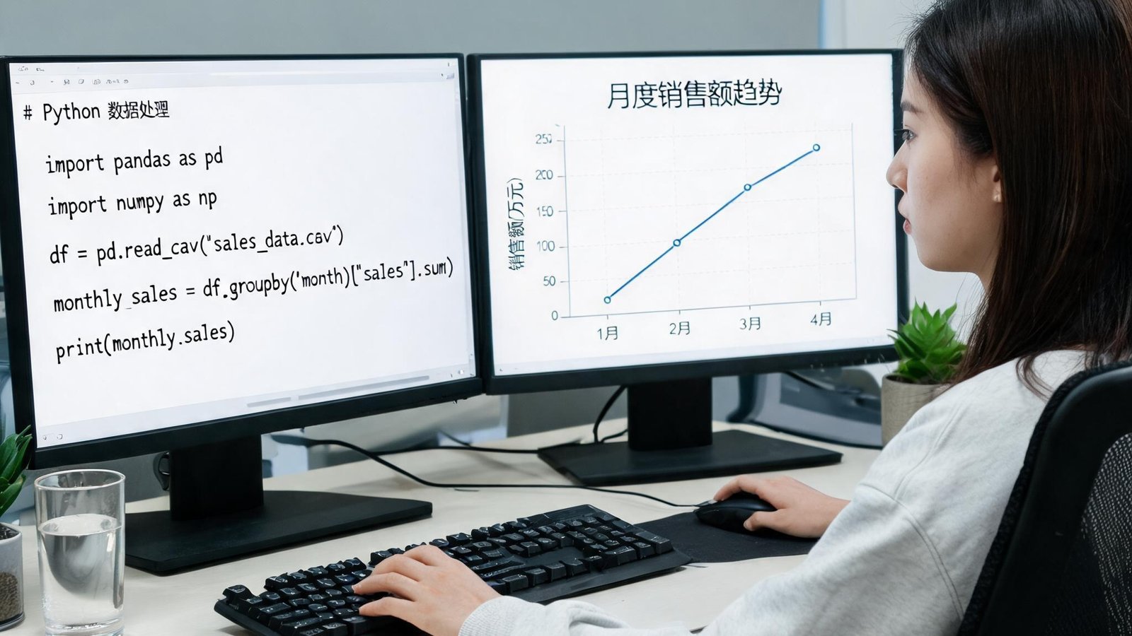 数据工程师林悦在双屏幕前编写代码，一个屏幕显示Python脚本，另一个显示数据图表