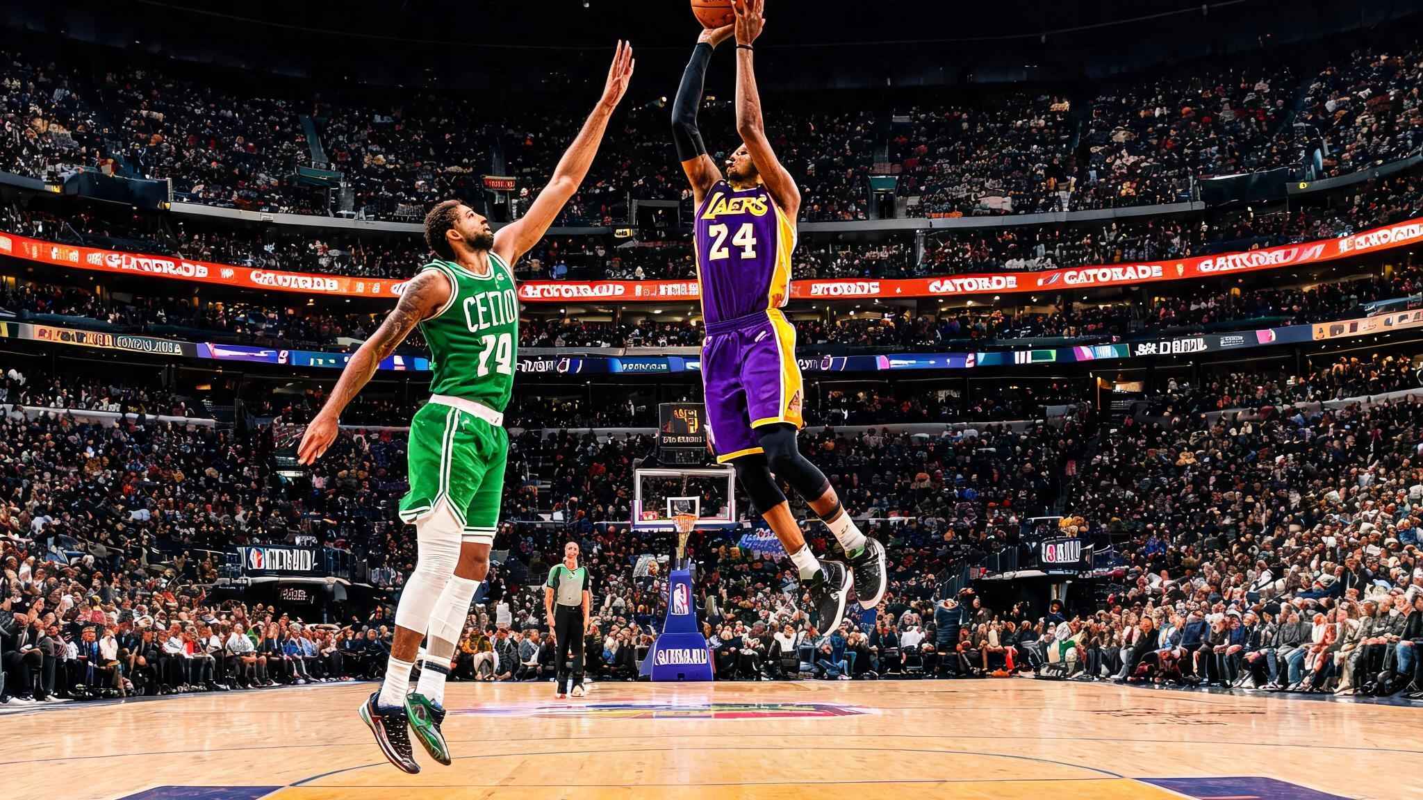 NBA球场内两支球队激烈对抗，球员跳起投篮，观众席爆满
