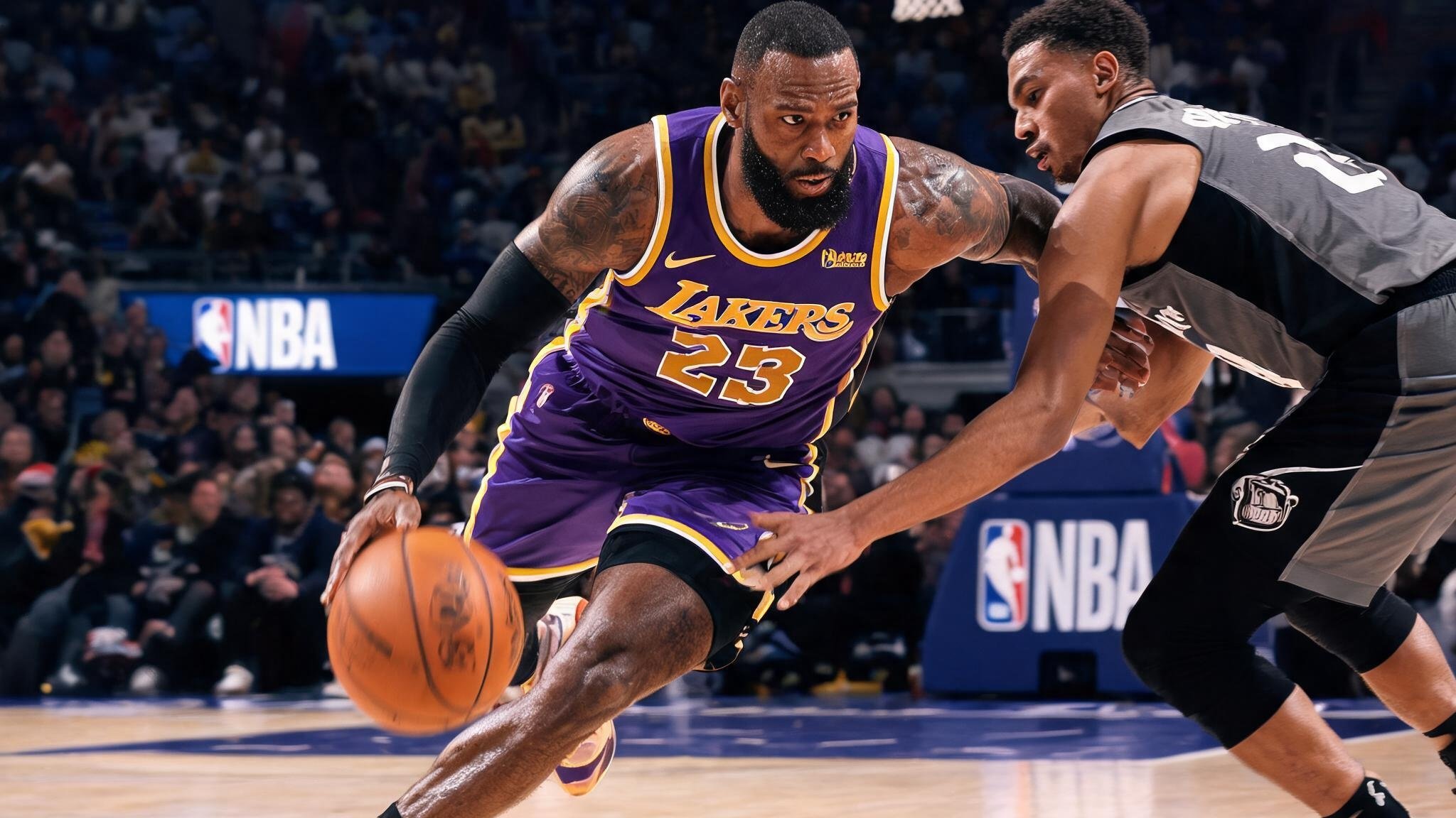 NBA明星球员在赛场上快速运球突破防守，动作充满力量