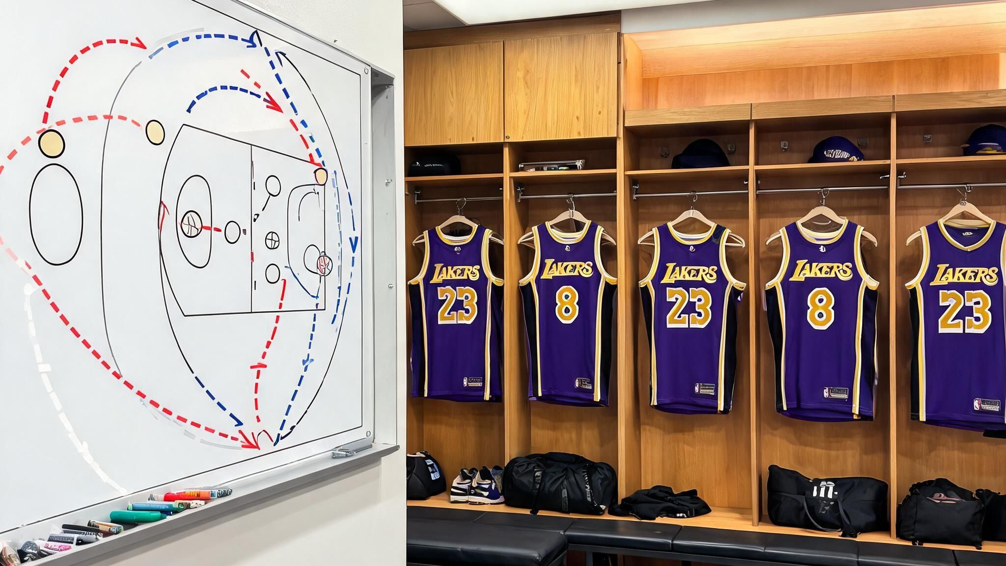 NBA更衣室内部，战术白板上画满战术路线，球衣整齐悬挂